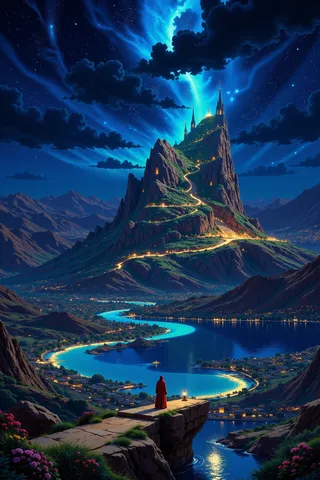 A luminous night fantasy landscape featuring a winding glowing path up a mountain with castle spires, illuminated river bends, a starry sky, and a woman in red standing on a stone outcrop.