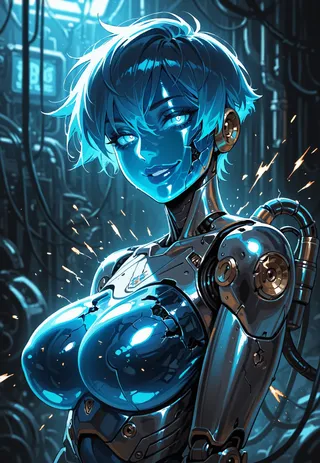 Portrait of a punk robot girl with a metal body, glowing blue details, visible robot joints, broken cracked areas, and sparks in a starmap industrial background.
