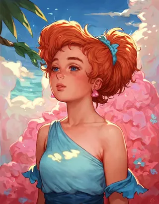Digital anime-style portrait of Wilma Flintstone with red hair tied back with a blue scrunchie, wearing a one-shoulder blue dress, set against a bright fantasy sky with pink clouds.