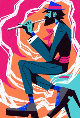 Stylized portrait of a jazz flutist playing flute, surrounded by swirling white patterns and pastel orange, pink, and blue background colors.