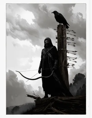 Black and white digital illustration of a hooded archer holding a bow and arrow, standing next to a wooden post pierced by arrows, with a crow perched on top and a cloudy sky in the background.