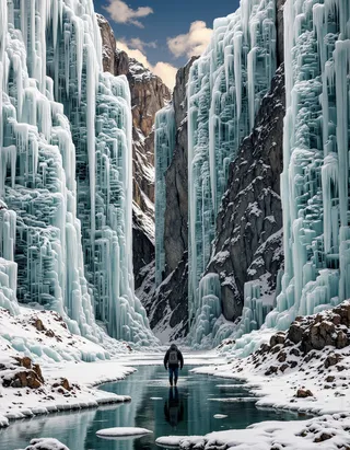 A lone explorer walks on a frozen river between towering icy cliffs forming a labyrinth in a snowy mountain canyon under a partly cloudy sky.