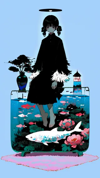 A surreal digital artwork of a girl with black hair and feather-trimmed sleeves sitting atop a large fish tank containing colorful fish, peonies, and a lighthouse, set against a simple light blue background.