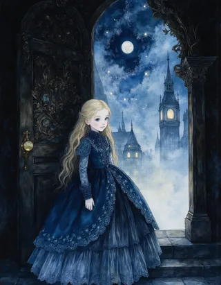 A serene young girl in a dark blue Victorian gown with intricate lace stands by an ornate wooden door, gazing at a foggy, surreal London city under a starry night sky with a bright moon.