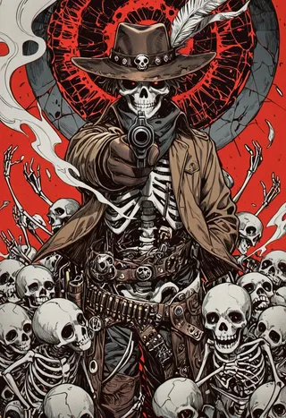 A detailed illustration of a skeleton cowboy wearing a hat with a feather, pointing a revolver directly at the viewer, surrounded by smaller skeletons and skulls with a cracked red circular background and smoke tendrils.