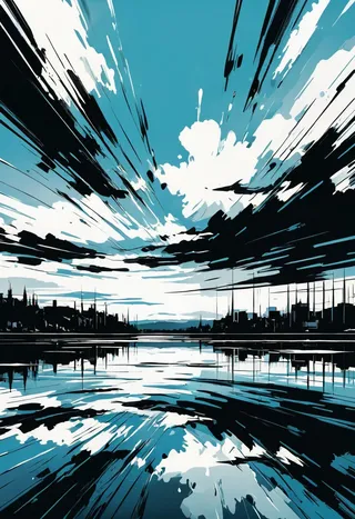 Uma interpretação expressionista abstrata e noir gráfico de um lago vidrado refletindo um céu dinâmico com linhas ousadas de tinta preta e alto contraste.