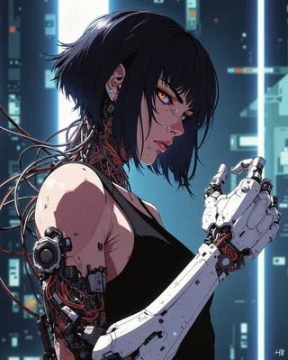 Digital illustration of a determined female cyborg with short dark hair, robotic white arm revealing red wiring, and cybernetic neck cables, set against a cool cyberpunk cityscape backdrop.