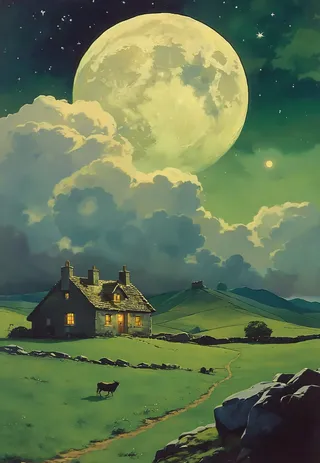 Moonlit Irish pastures with stone walls under towering clouds and a large glowing moon showing Jupiter and its moons, featuring a lone hut with lighted windows in an 80's dark fantasy VHS style.