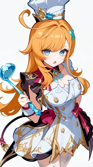 Anime-style chef girl with orange hair and blue eyes, wearing a white chef hat and ornate white dress holding a blue ladle.