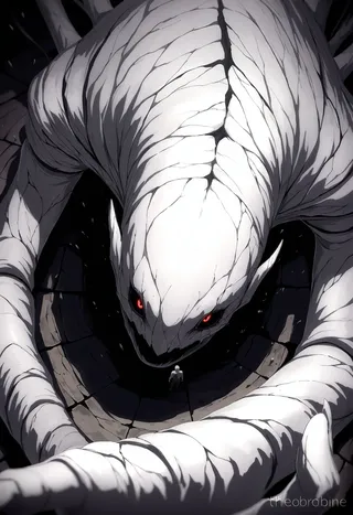 Close-up view from above of a giant eldritch monster with cracked white skin, glowing red eyes, faceless and corrupted, emerging from broken terrain and shadows.
