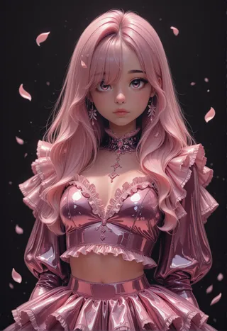 A woman with long pink hair and detailed eyes poses in a high fashion shiny latex pink blouse and ruffled skirt with floating petals on a black background.