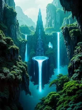 A stunning sci-fi landscape depicting a towering ancient ruin structure surrounded by lush green cliffs and glowing blue waterfalls cascading into mist below under cinematic lighting.