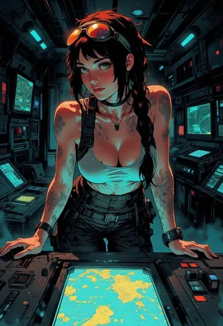 Closeup portrait of a stunning sci-fi space pirate girl with dark braided hair, aviators on forehead, wearing a tank top and cargo pants, standing in a spaceship control room with holographic displays and a glowing map table.