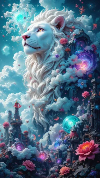 A majestic white lion with a flowing mane blends into the clouds in a surreal fantasy landscape filled with blooming flowers, ancient towers, and swirling galaxies in purple, blue, and pink hues.