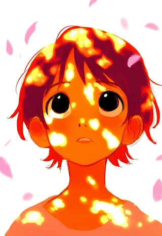 Anime girl with short reddish hair and large black eyes looking up, illuminated by bright dappled light and surrounded by falling pink sakura petals.
