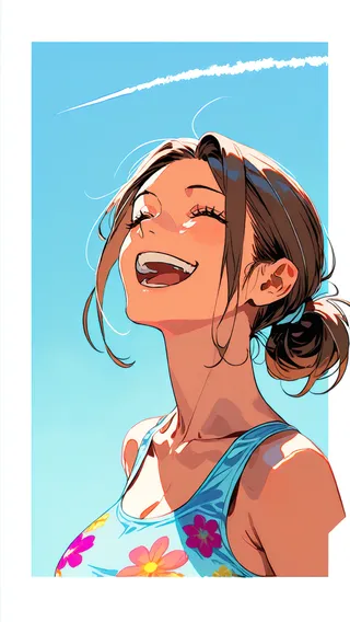 Portrait of a mature woman with brown hair tied in a wide ponytail, laughing joyfully against a simple light blue sky background with a white contrail above her. She wears a colorful floral print school swimsuit with a white border.