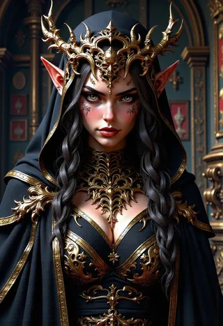 Hyperrealistic portrait of a fierce necromancer Aerenal elf girl wearing gold and black robes with intricate skull face paint and a golden ornamental crown.