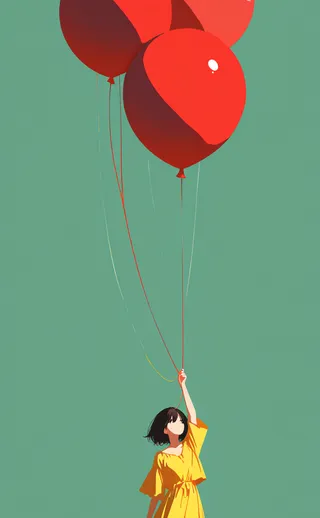 A girl wearing a yellow blouse holds several large red balloons by strings against a solid green background in a minimalist and painterly style.