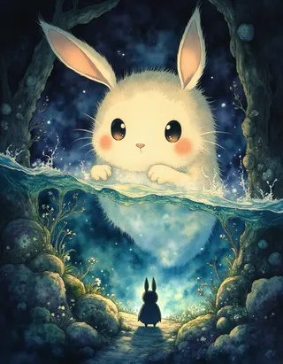 A large adorable rabbit with glowing eyes peeks over a sparkling water barrier in a mystical forest at night, with a smaller silhouetted rabbit observing below.