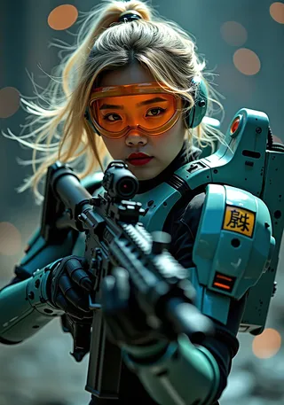Close-up of a photorealistic oriental sci-fi soldier wearing teal power armour and an orange HUD visor, aiming an assault rifle with perfect grip, blonde hair tied back, against a dark bokeh backdrop with directional lighting.