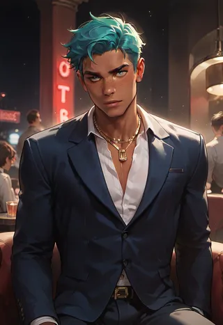 Portrait of a fit man with aqua hair, freckles, and tanned skin wearing a blue suit and gold necklace inside a dimly lit luxury strip club.