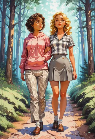 Two women walking arm-in-arm along a sun-dappled forest path, one wearing a pink hoodie and patterned pants, the other in a checkered shirt and grey skirt.