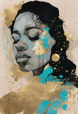 Portrait of a woman with closed eyes featuring gold leaf and blue ink elements, dramatic shadowing, and pop surrealism style.