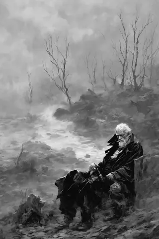 Black and white digital painting of a rugged, aristocratic old man sitting in a stormy, foggy landscape with barren trees.