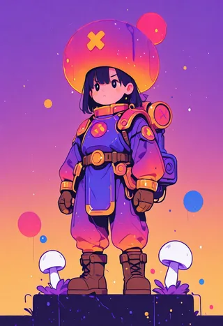 Cartoon girl resembling toad in vibrant blue and yellow power armor with a large mushroom hat, standing on a dark platform surrounded by stylized white mushrooms against a colorful gradient sky.