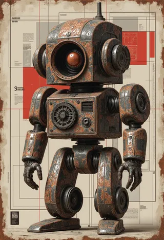 A mechanical robot with a rusty, weathered metal surface in cubist style, featuring gears, pistons, and interlocking panels with copper and silver gradients.