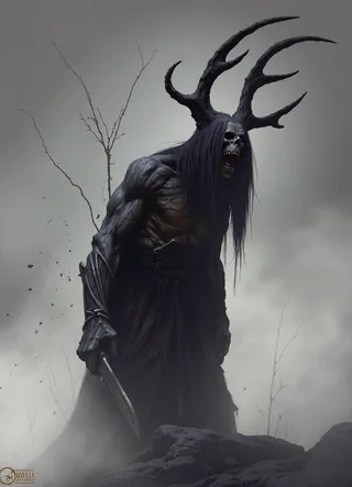 A dark fantasy skeletal warrior with large twisted horns, long black hair, muscular body, and menacing expression holding a large blade in a misty, moody atmosphere.
