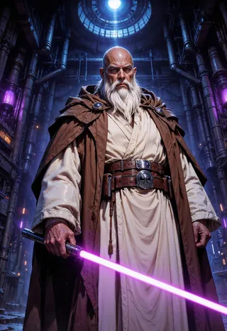 A digital illustration of a bald, bearded Jedi Knight holding a glowing purple lightsaber, dressed in white robes with a brown hooded cloak, set in a dark, industrial cyberpunk environment with neon lights.