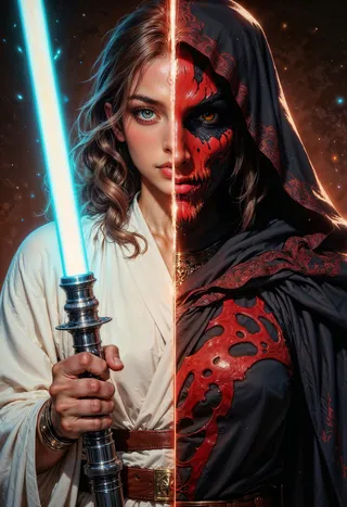 Retrato en imagen dividida de una portadora femenina de la fuerza con un lado como una noble Jedi en túnicas blancas sosteniendo un sable de luz azul, y el otro lado como un oscuro Sith con capa negra con marcas rojas y un sable de luz rojo.