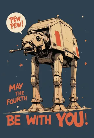 Beige mechanical walker resembling an AT-AT against a dark blue background with 'PEW PEW!' in a speech bubble and 'May the Fourth be with You!' text below.