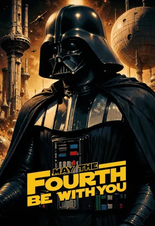 Stylized science fiction poster featuring Darth Vader in black glossy armor with a sepia-toned background of a large spherical space station and multiple spacecraft, highlighted by bold yellow text saying 'MAY THE FOURTH BE WITH YOU'.