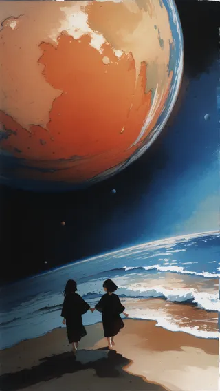 Two girls holding hands, walking along a beach with ocean waves, under a large red-orange planet and a starry space sky in painterly style.