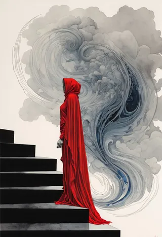 A mysterious figure draped in a vibrant red shawl stands on black stairs with delicate line art swirling smoke in the background.