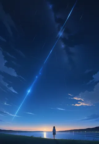 Illustration of a girl standing by a lake at sunset under a hyperdetailed night sky with a bright photon beam and stars, in Makoto Shinkai style.