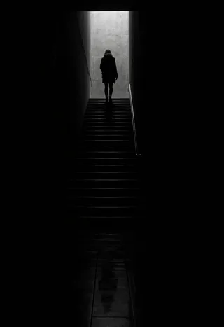 Silhouette of a woman ascending stairs in a dark subterranean passage, illuminated by light from above, with a high-contrast grayscale tone.