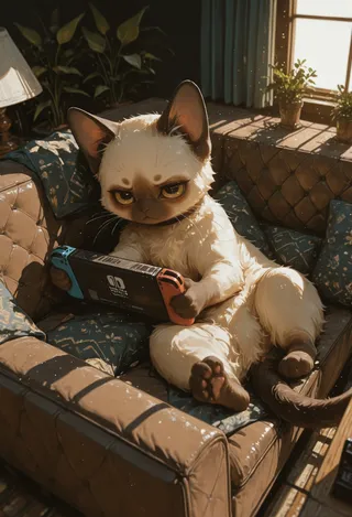 A grumpy Siamese cat with big cyan eyes reclines on a cushioned couch in a dimly lit living room, holding a Nintendo Switch gaming console with warm volumetric lighting and decorative plants nearby.