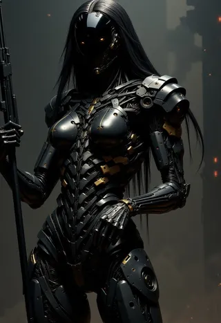 Close-up of a futuristic cyborg woman in sleek black armor with gold detailing, holding a futuristic gun, set against a dark dystopian foggy background.