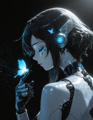 Close-up profile of a female android with pale synthetic skin and exposed mechanical components, holding a glowing blue butterfly on her robotic finger against a dark background.