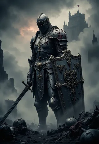 A colossal knight clad in dark, battle-scarred armor stands on a desolate battlefield, holding a large ornate shield and a sword amidst skulls and debris, with a ruined castle in the misty background.