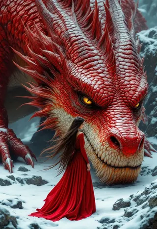 A realistic CGI scene showing a massive red dragon with detailed scales and piercing yellow eyes looking down at a woman with long dark hair wearing a flowing red gown, standing on snowy rocky terrain.