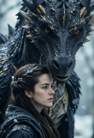 A solemn woman with snow-dusted hair stands closely beside a majestic dragon with obsidian textured scales and glowing gold accents, ice and snow surrounding them.