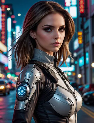 Photorealistic portrait of a cyberpunk girl pilot wearing a sleek casual plugsuit with a glowing cybernetic shoulder piece, set against a vibrant urban night background with blurred city lights.