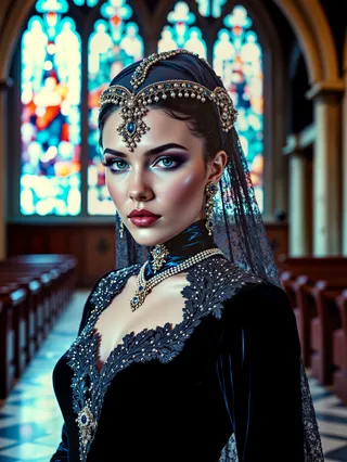 Stunning young gothic woman with blue eyes wearing a black velvet gown with silver embroidery and pearl jewelry, posing in front of stained glass windows.
