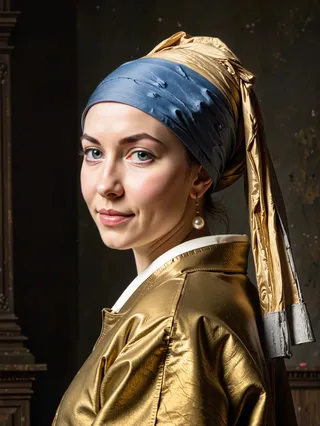 Realistic historical portrait of a young woman in Dutch Golden Age style, wearing a blue and yellow turban and a pearl earring, softly lit with Rembrandt lighting.