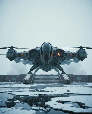 VTOL spaceship gunship landing on a platform in a snowstorm with snow and ice, viewed from a dynamic angle in the style of cksx.
