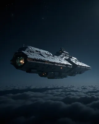 A solitary deep space exploration ship hanging suspended above a layer of thick clouds under cold starlight with its engines glowing faintly.